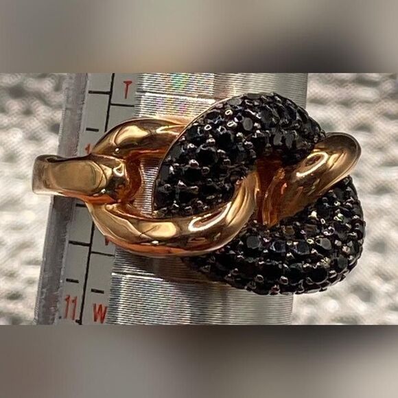 Bronze Black Crystal Pavé Love Knot Ring Size Approx US 10 Gold Tone Statement - Picture 4 of 6